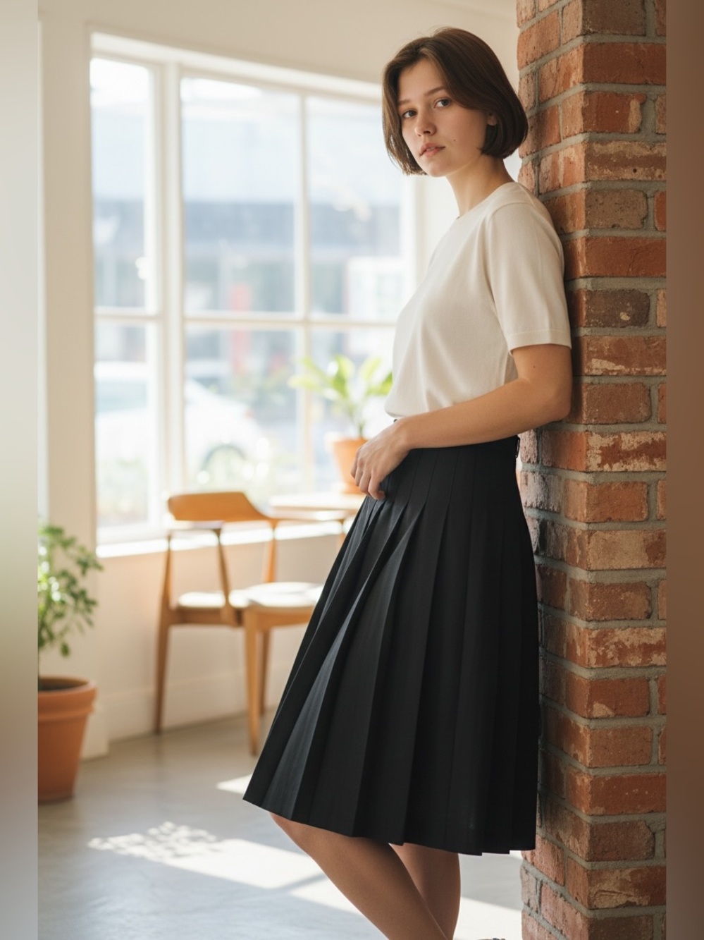Cristina Women’s Black Pleated A-Line Midi Skirt with Back Zipper Closure